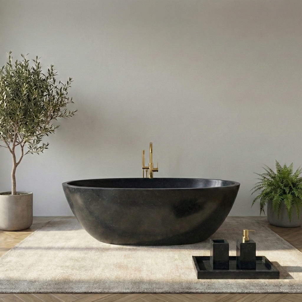 Modern black freestanding bathtub in a minimalistic bathroom with plants and decorative items#color_black