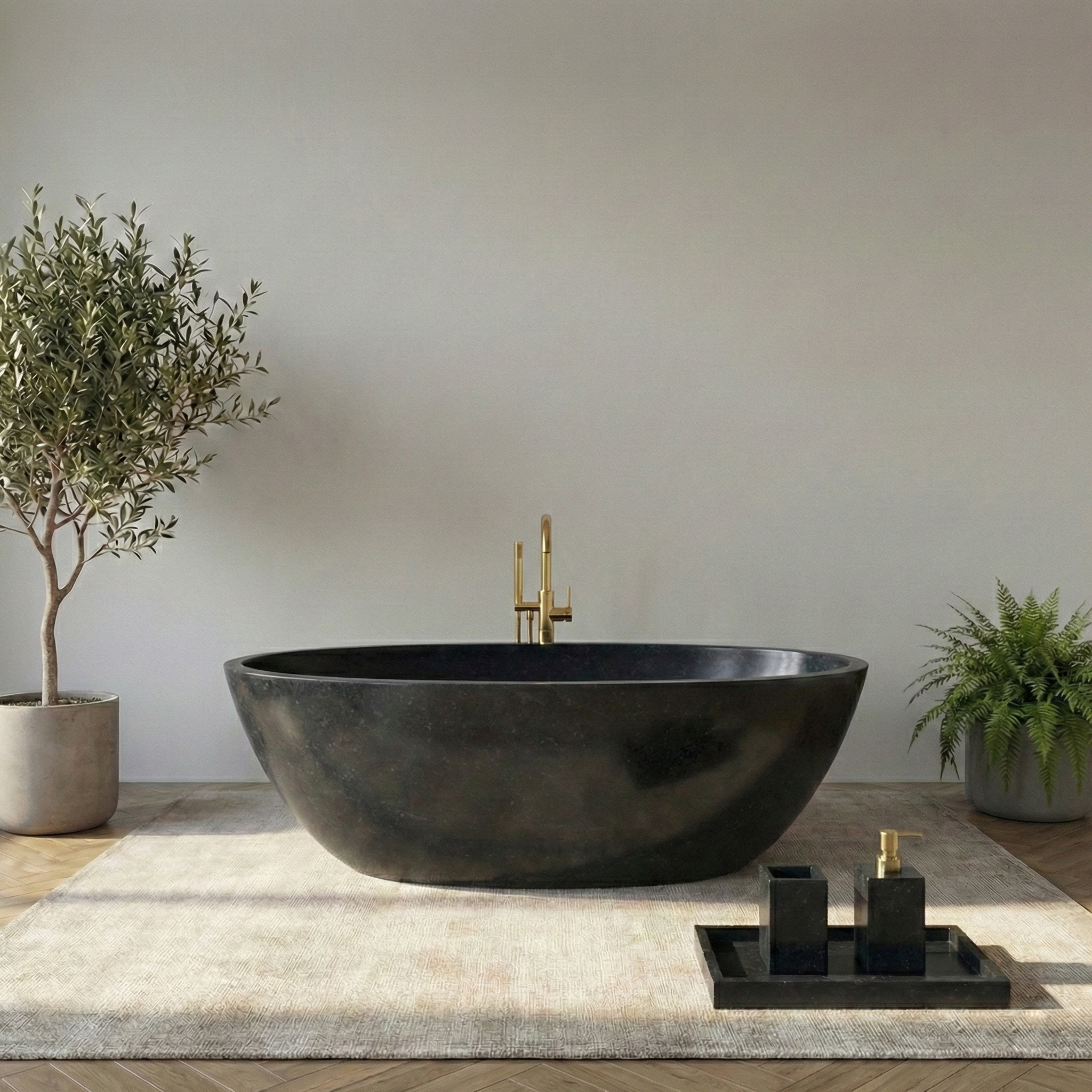 Modern black freestanding bathtub in a minimalistic bathroom with plants and decorative items#color_black