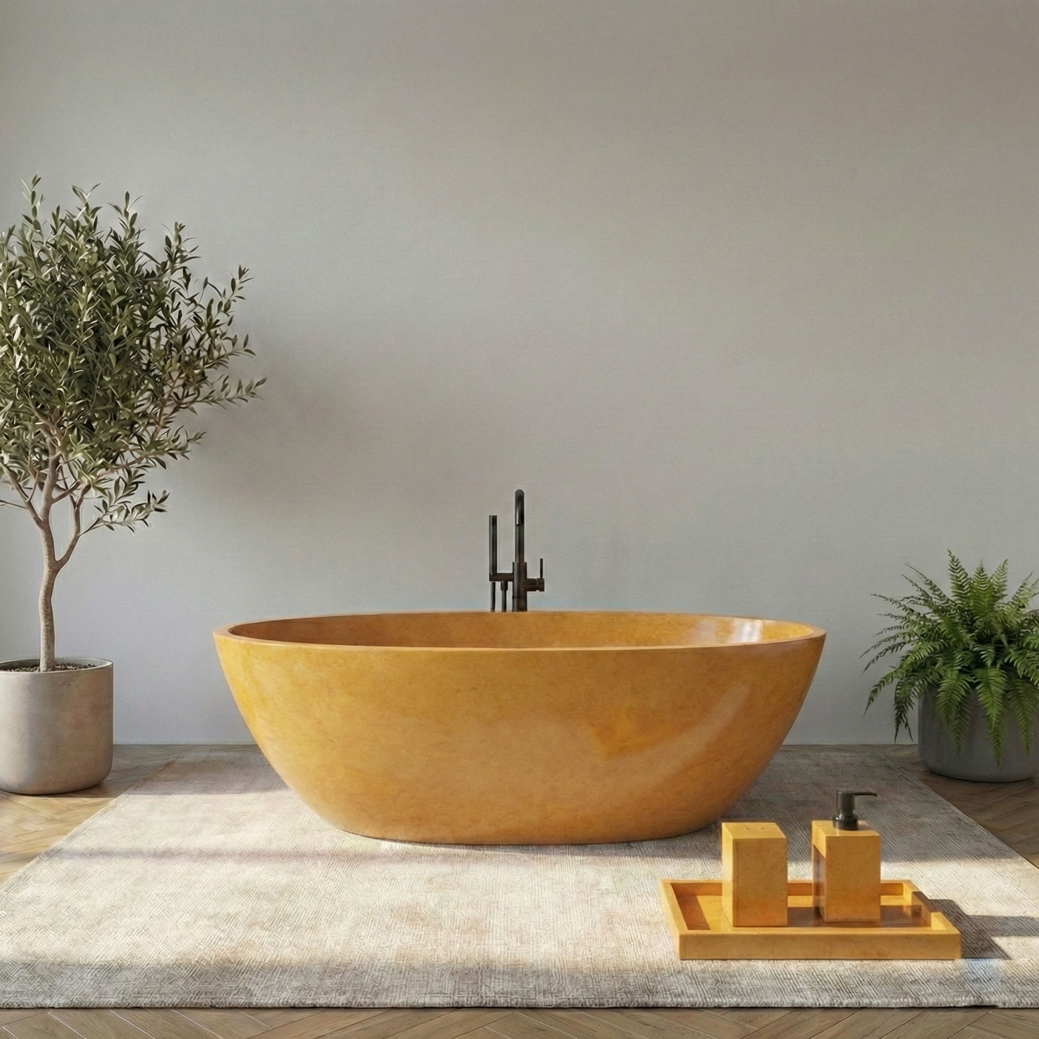 Modern freestanding bathtub in a minimalistic bathroom with plants and decorative items#color_yellow