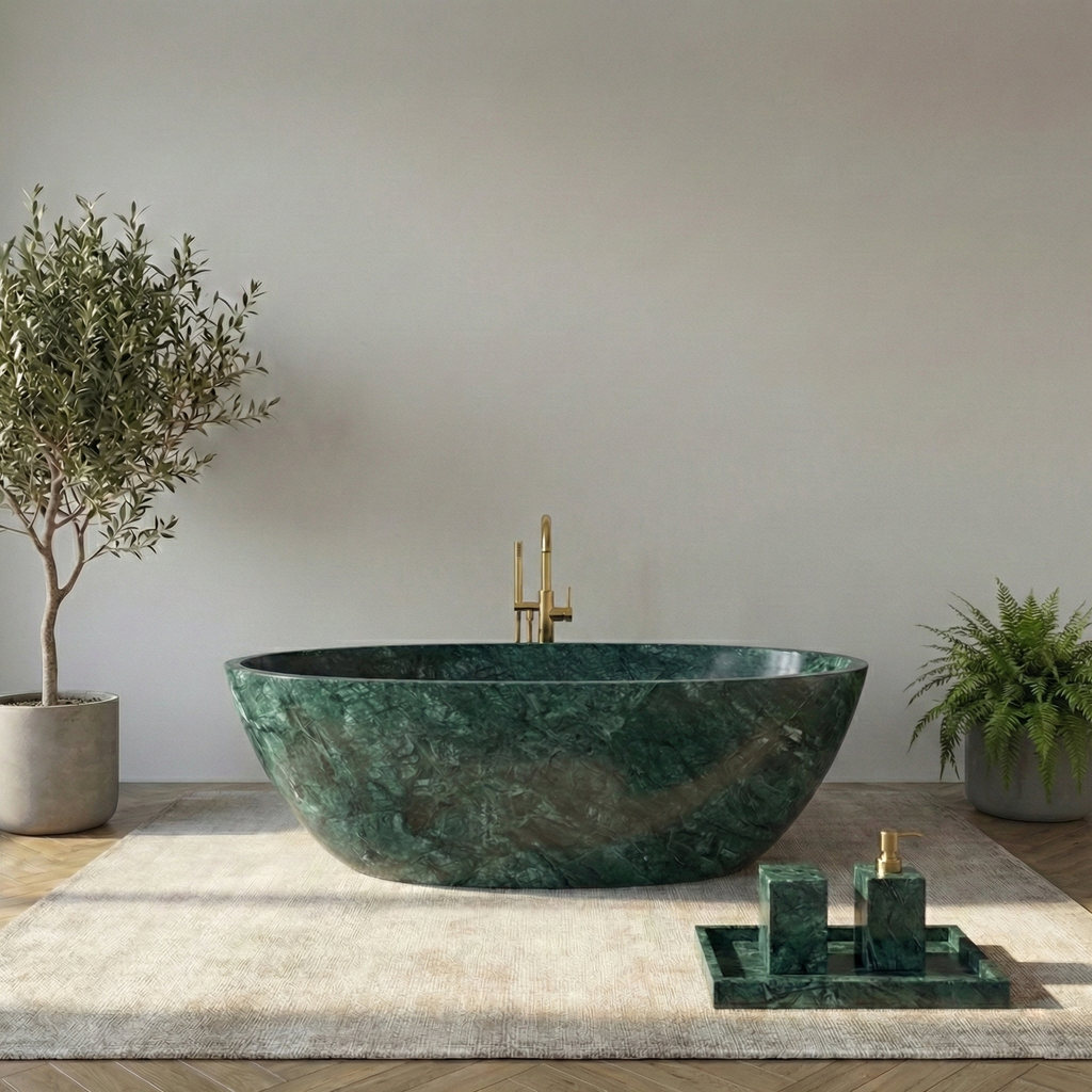Modern freestanding bathtub in a minimalistic bathroom with plants and decorative items#color_green