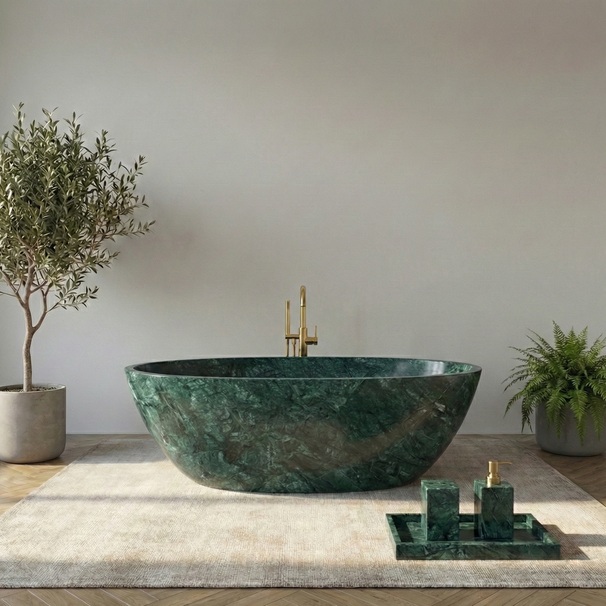 Modern freestanding bathtub in a minimalistic bathroom with plants and decorative items#color_green