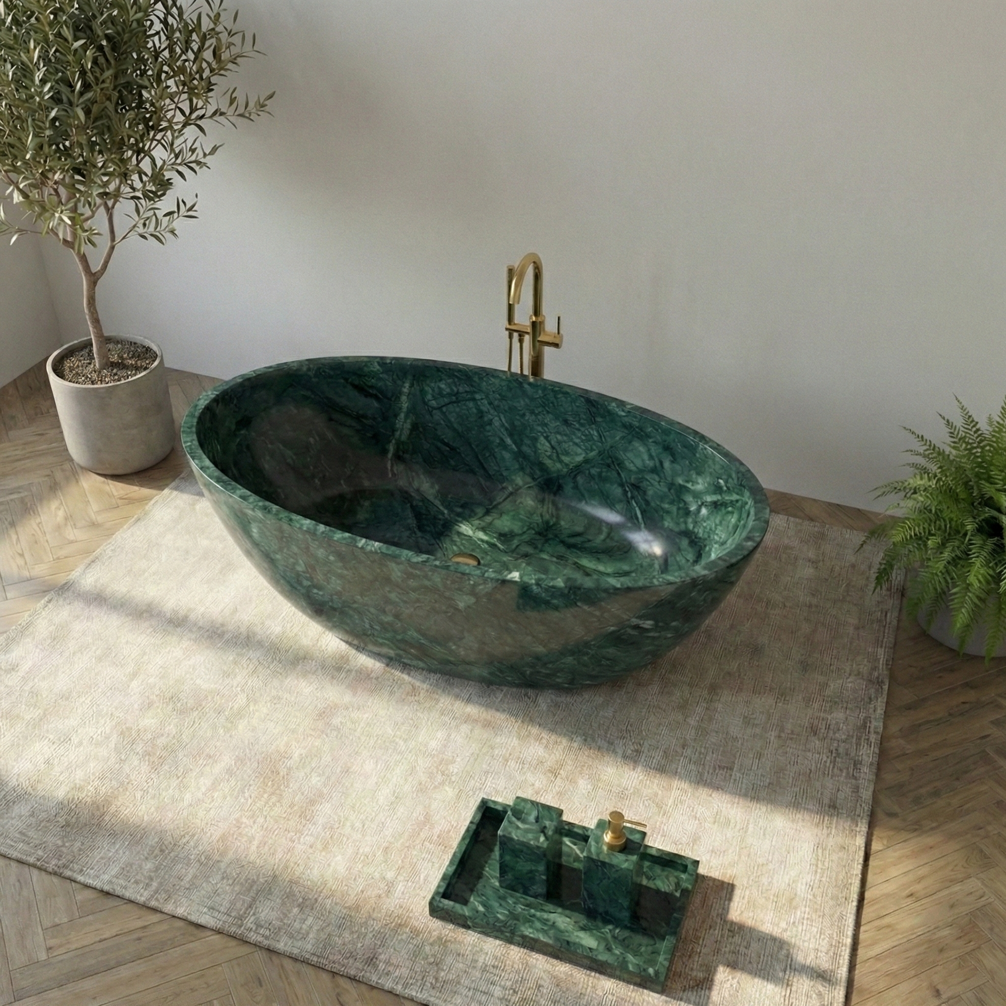 Modern freestanding bathtub in a minimalistic bathroom with plants and decorative items#color_green