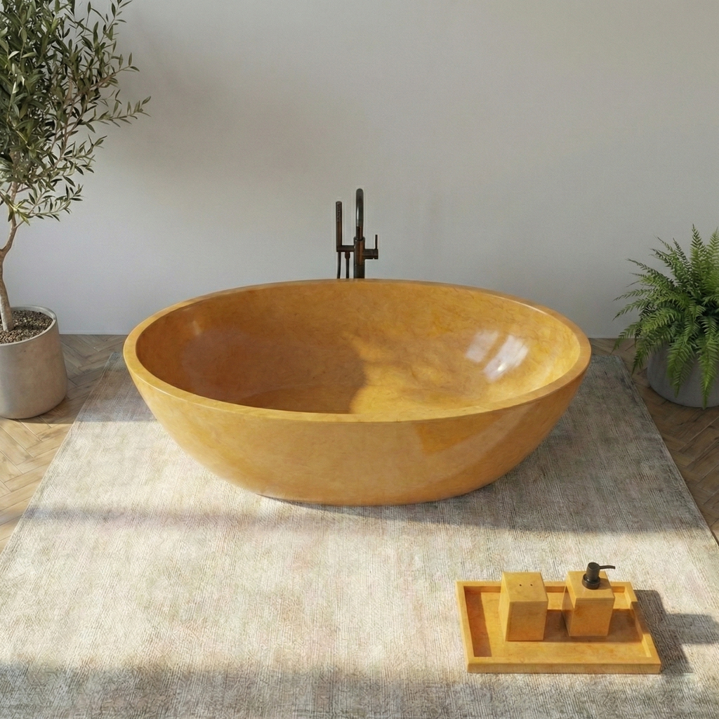Modern freestanding bathtub in a minimalistic bathroom with plants and decorative items#color_yellow