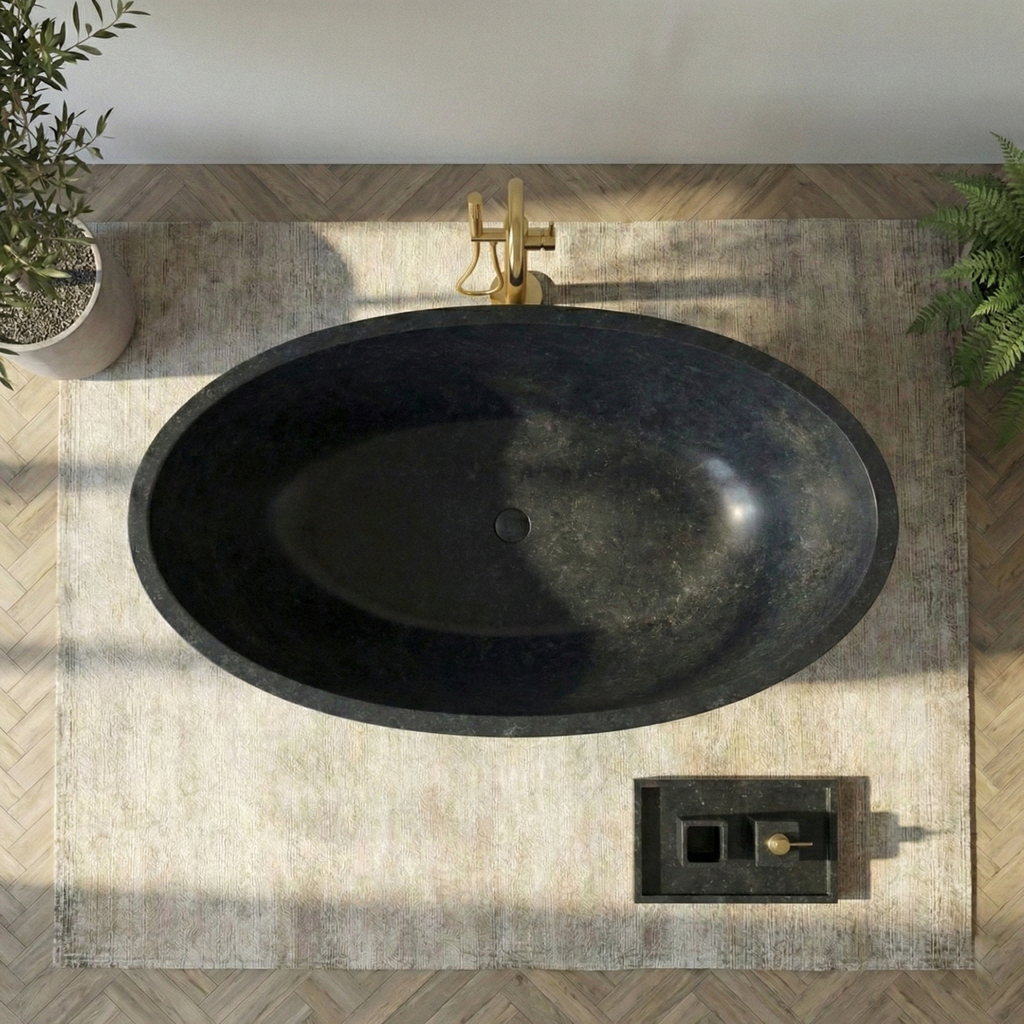 Modern black freestanding bathtub in a minimalistic bathroom with plants and decorative items#color_black