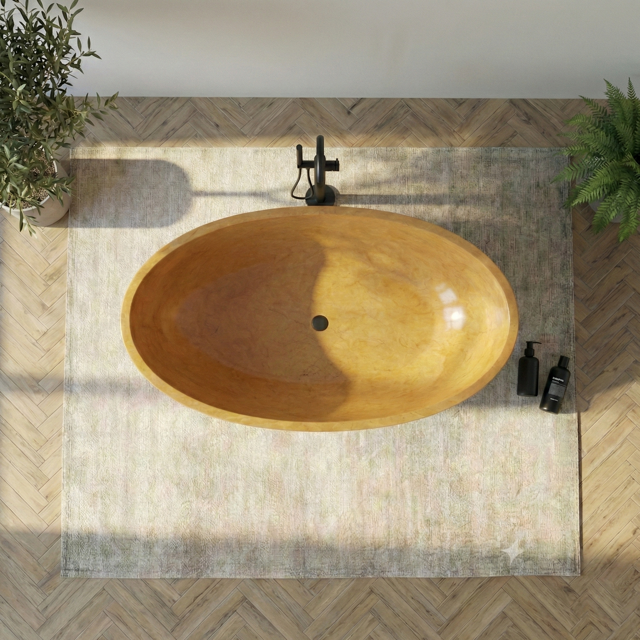 Modern freestanding bathtub in a minimalistic bathroom with plants and decorative items#color_yellow