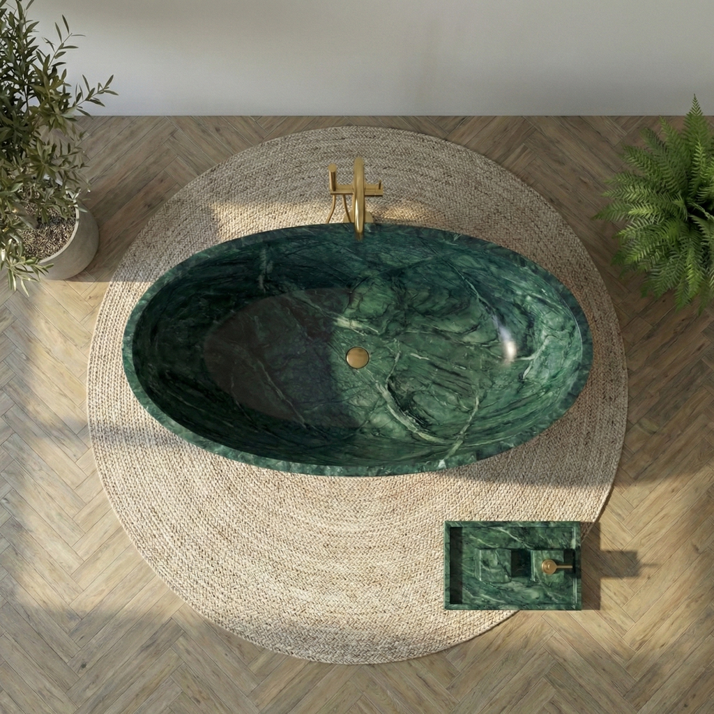 Modern freestanding bathtub in a minimalistic bathroom with plants and decorative items#color_green