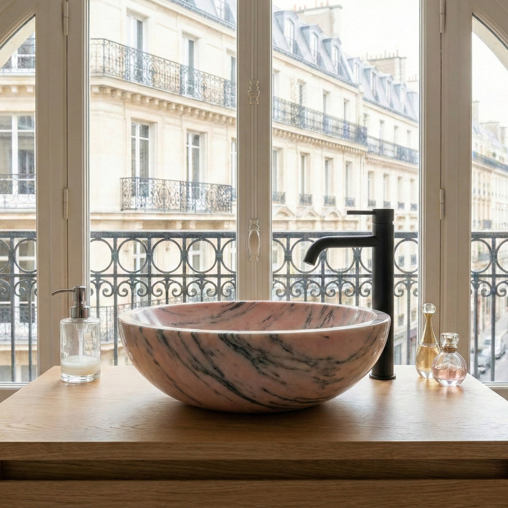 Petit lavabo de salle de bain en marbre rose