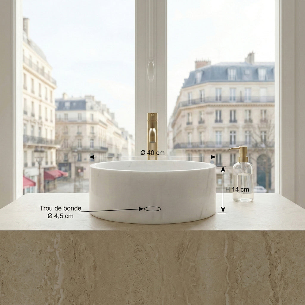 Grand lavabo de salle de bain rond en marbre blanc