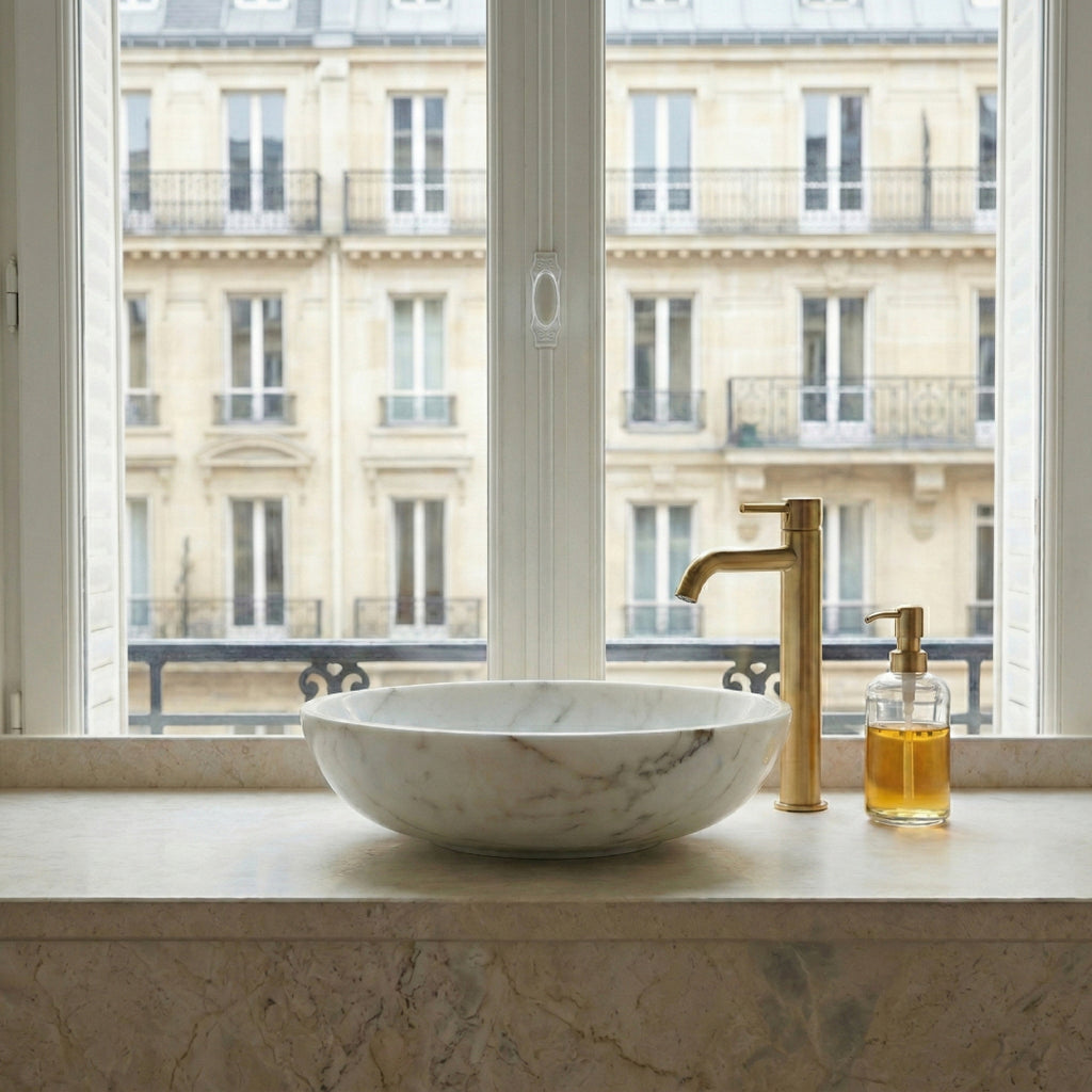 Lavabo de salle de bain en marbre naturel blanc classique