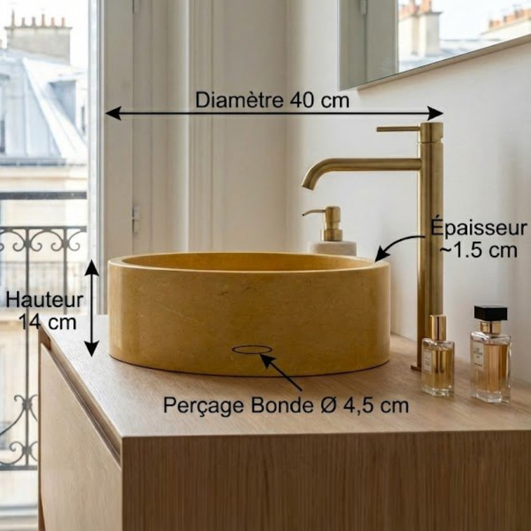 Grand lavabo de salle de bain rond en marbre jaune