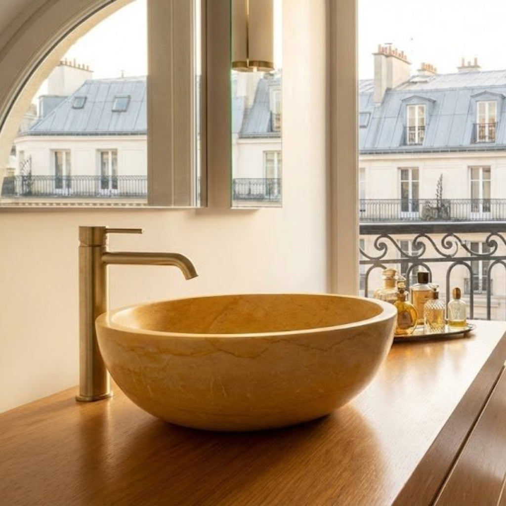Évier de salle de bain classique en marbre naturel jaune
