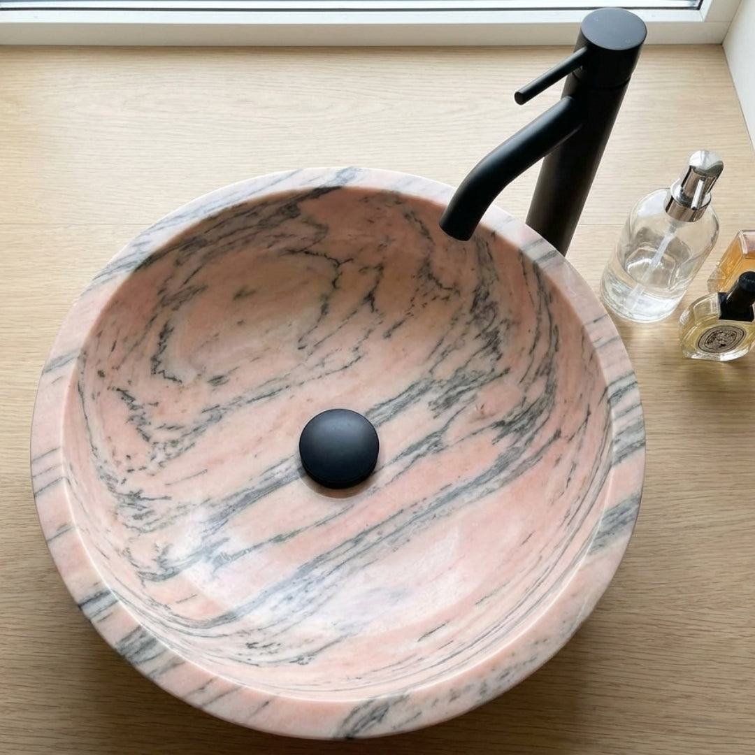 Lavabo de salle de bain en marbre naturel rose classique