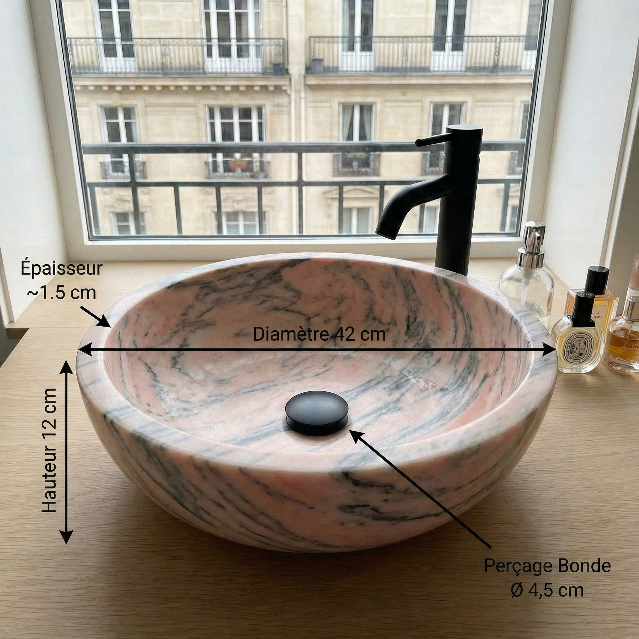 Lavabo de salle de bain en marbre naturel rose classique