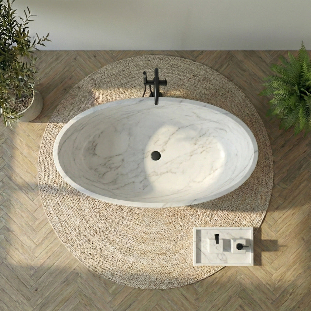 Baignoire ovale autoportante en marbre blanc