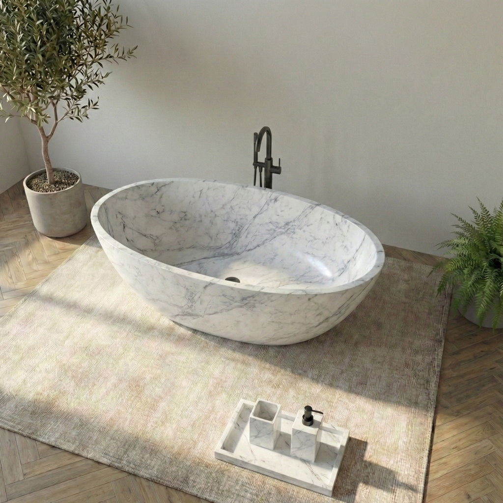 Baignoire ovale autoportante en marbre blanc