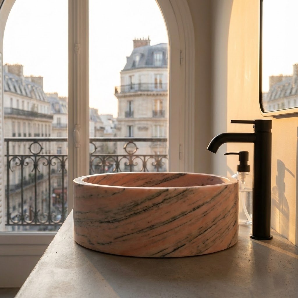 Grand lavabo rond en marbre rose