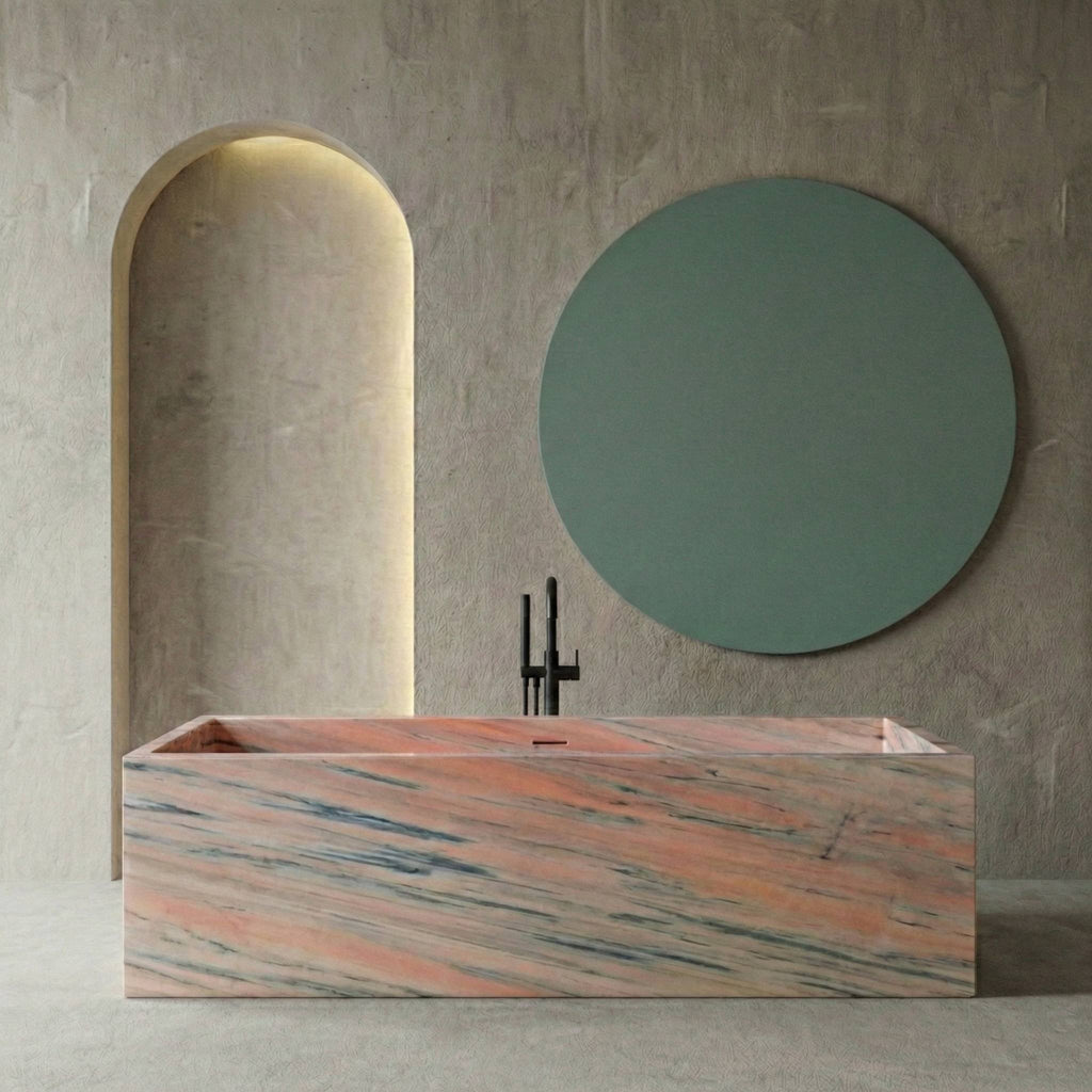 Baignoire rectangulaire de luxe en marbre rose
