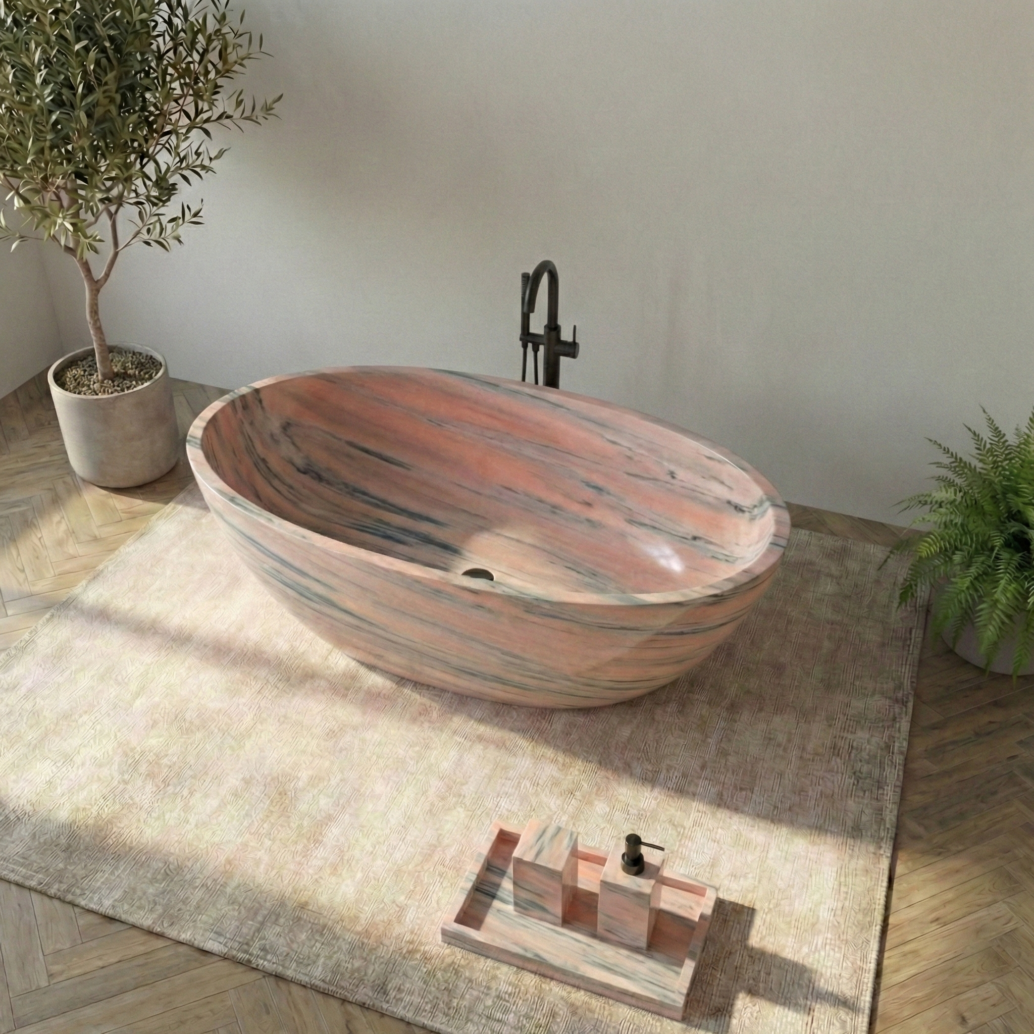 Modern freestanding bathtub in a minimalistic bathroom with plants and decorative items#color_pink