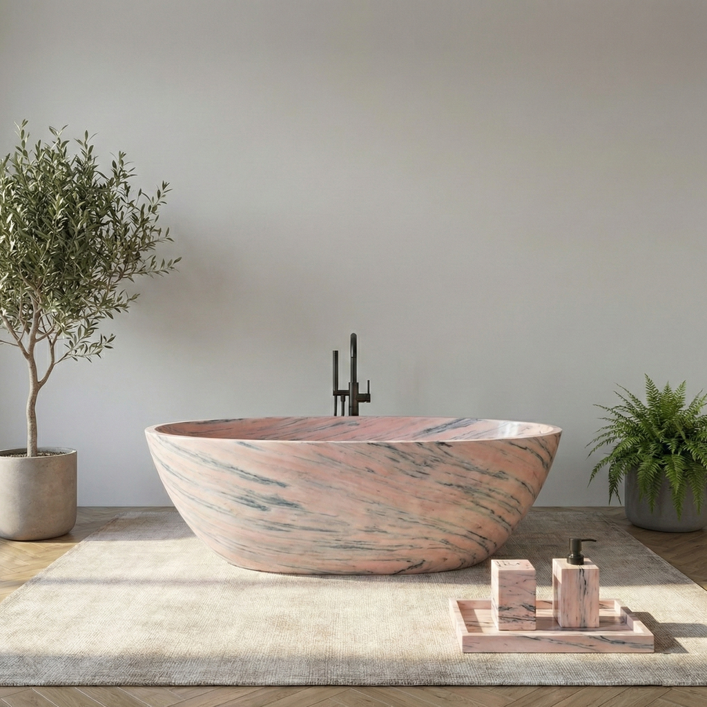 Modern freestanding bathtub in a minimalistic bathroom with plants and decorative items#color_pink