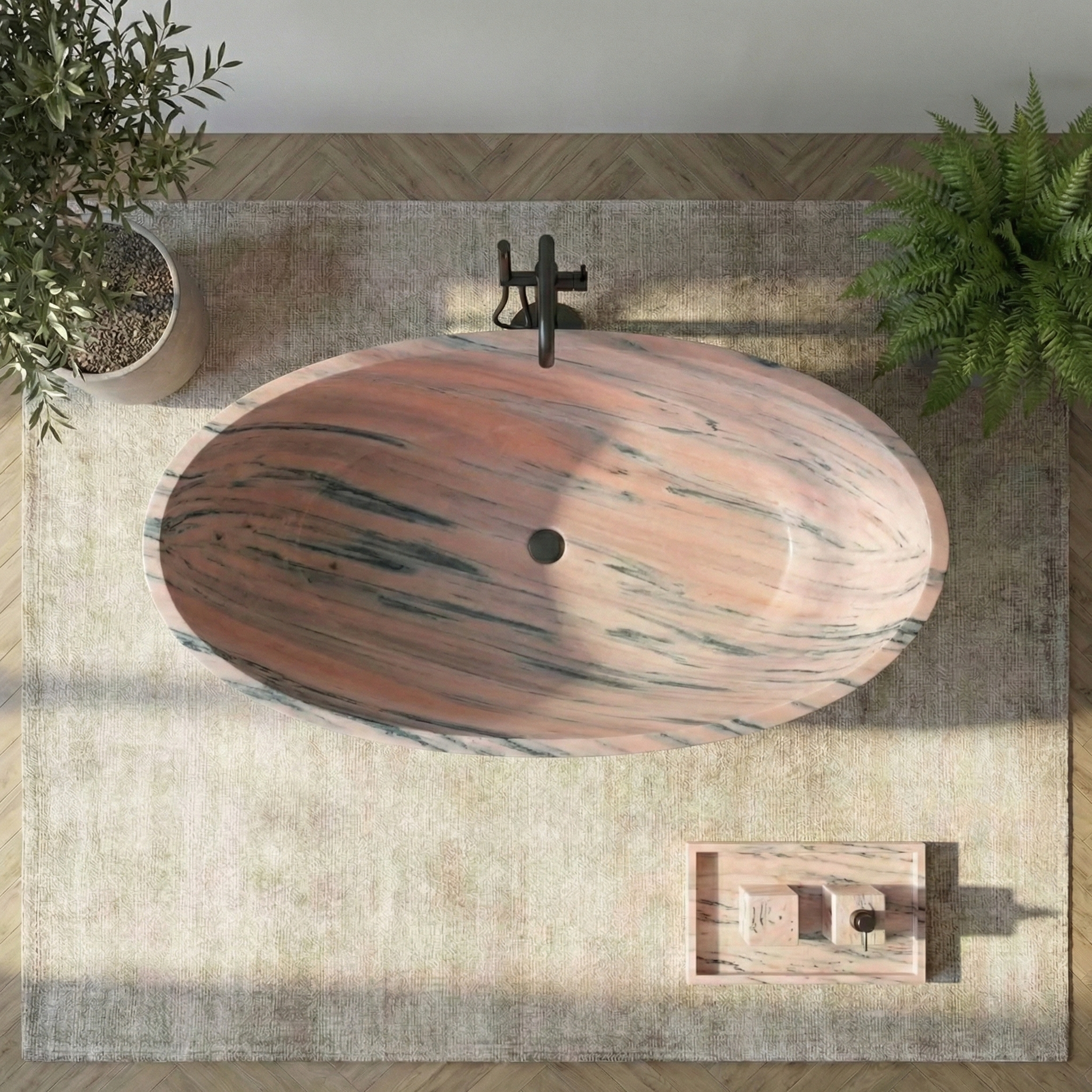 Modern freestanding bathtub in a minimalistic bathroom with plants and decorative items#color_pink