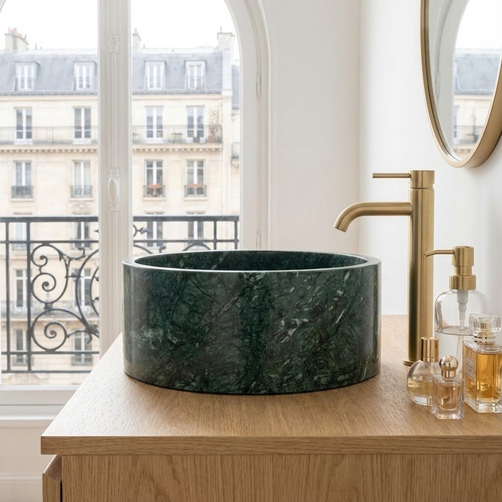 Grand lavabo de salle de bain rond en marbre vert