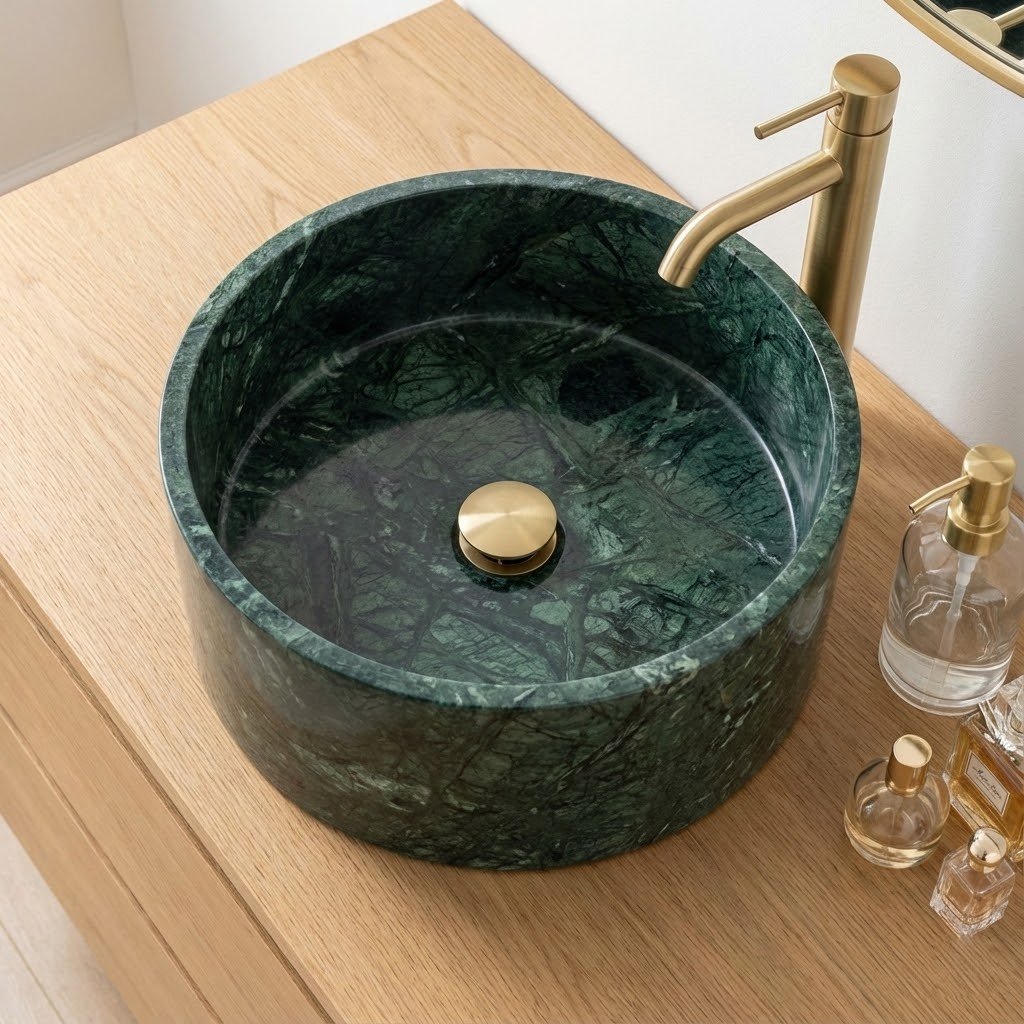 Grand lavabo de salle de bain rond en marbre vert